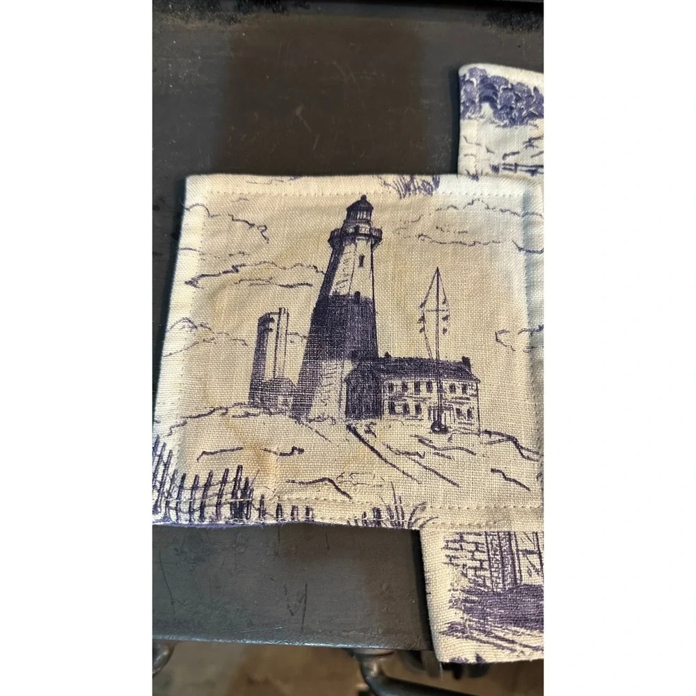 Sonia O'Mara NYC Fabric Toile Coasters Set of‎ 4 Blue White Lighthouse Horse